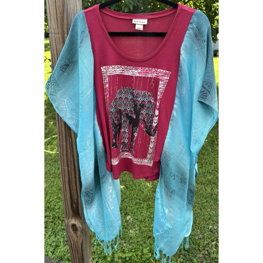 Upcycled Boho Elephant Graphic Top Turquoise Kimono Sleeves One Size Fits Most